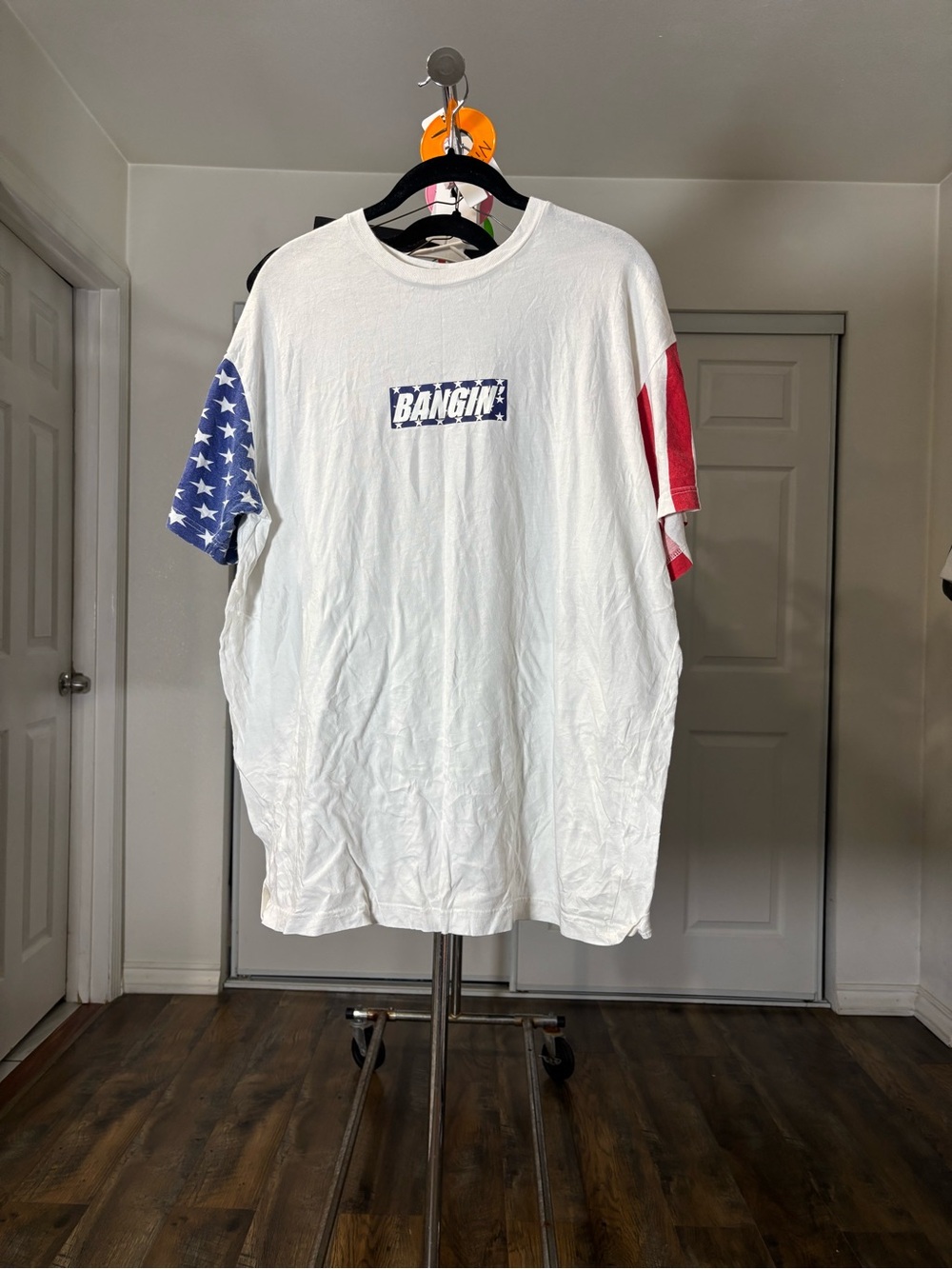 White Short-Sleeve Graphic Tee with Flag Sleeve Accents